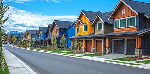A row of vibrant houses lines a quiet street on a bright sunny day.  The houses are various colors. Perfect for real estate marketing.