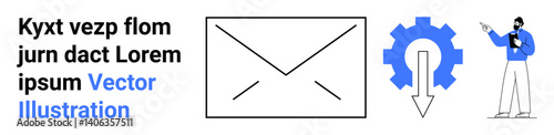 Envelope icon, gear with downward arrow, and person presenting insights. Ideal for email setup, automation, digital marketing, communication, analytics, business tools simple landing page