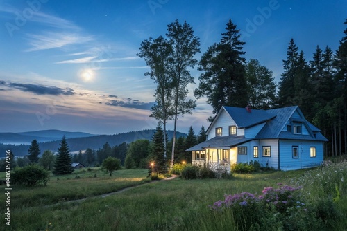 house exterior village house village trees blue new natural light mystic night moon landscape journey meadow images idyllic horizon evening environment