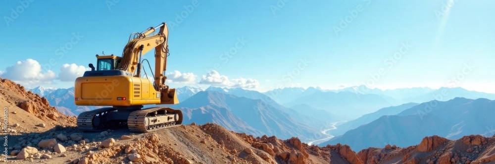 Excavator standing on a vast blue sky with mountains in the background, industrial, excavator, heavy machine Excavator standing on a vast blue sky with mountains in the background, industrial, excavator, heavy machine