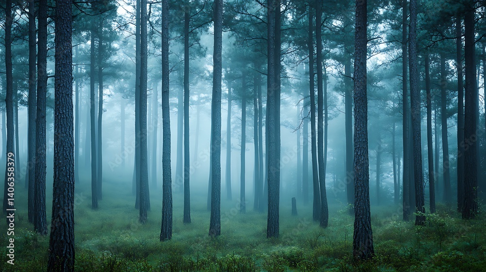 Fototapeta premium Walking Through Forest with Fog and Tall Trees