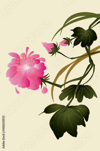 Hibiscus, which is still blooming despite frost, symbolizes integrity, an ideal personality in traditional Chinese culture