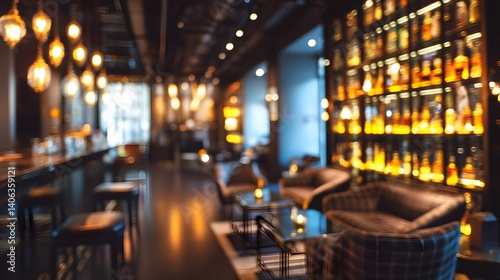 Blurred luxury bar interior with dark tones, glowing bottles, and modern seating