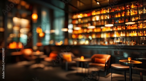 Blurred luxury bar interior with dark tones, glowing bottles, and modern seating photo