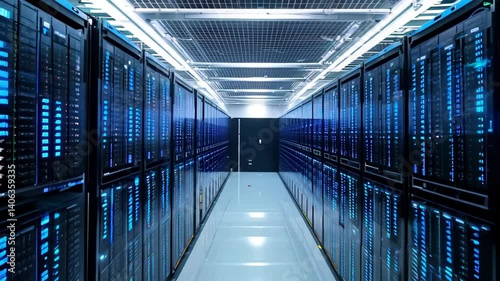 Explore a futuristic data center filled with rows of servers connected by glowing LED indicators, showcasing modern technology and efficiency in digital storage.