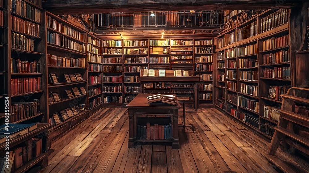 Browsing Books in Classic Style Library Setting Browsing Books in Classic Style Library Setting