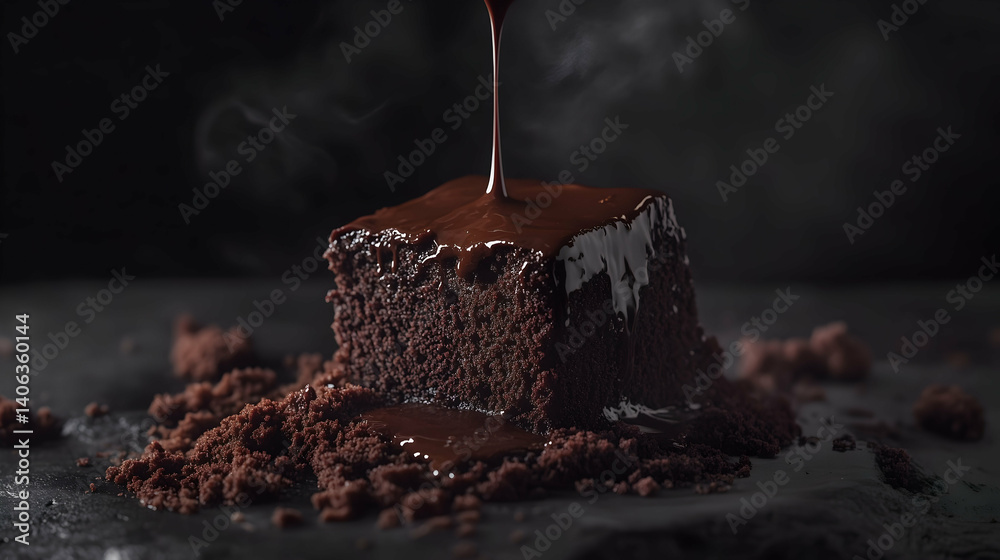 Dark Chocolate Fudge Cake with Ganache Drizzle on Black Background