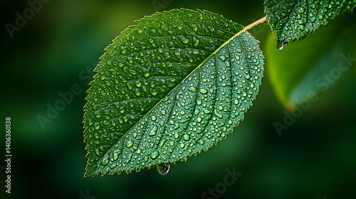 Obraz na płótnie Fresh Green Leaf with Morning Dew Drops Close-Up w salonie