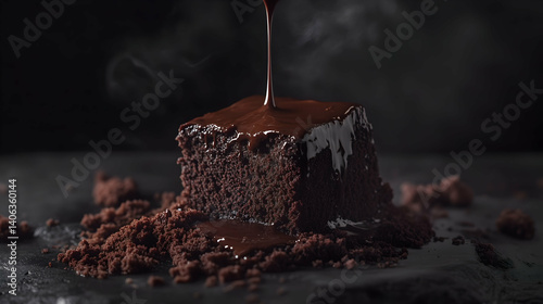 Dark Chocolate Fudge Cake with Ganache Drizzle on Black Background