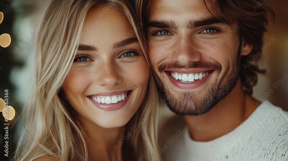 A joyful couple, beaming smiles, close-up