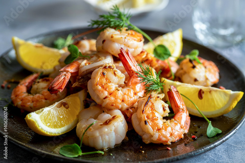 Delicious Grilled Shrimp Scampi Served With Fresh Lemon And Dill Sprigs
