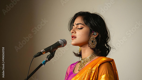 A Young Indian Woman In Traditional Sari Sings Into A Microphone With Elegant Jewelry On Stage