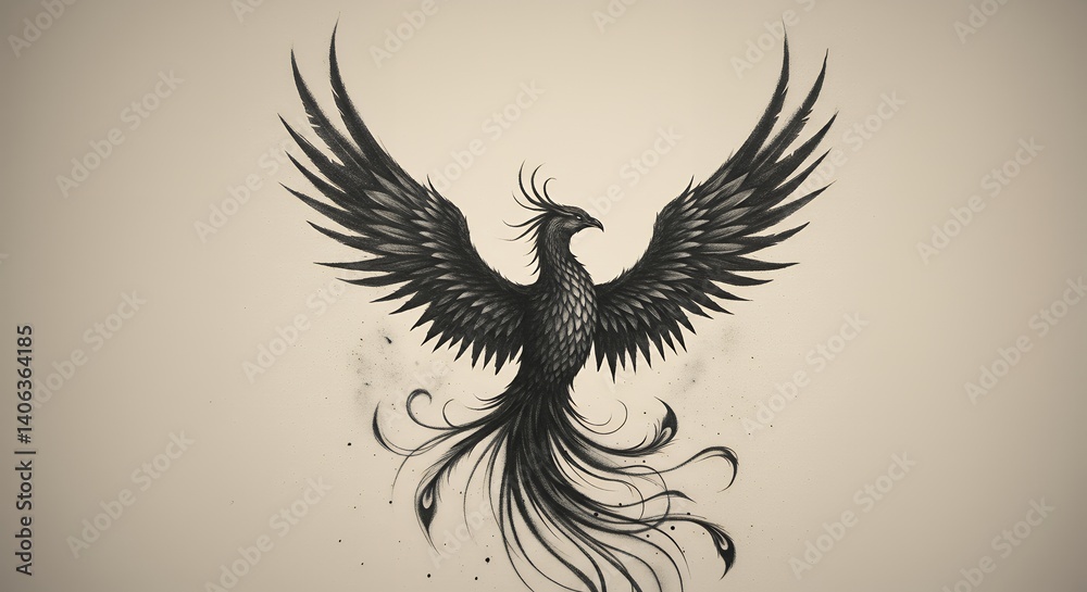 Obraz premium Drawing of Bird Spreading Wings in Flight with Long Tail Feathers