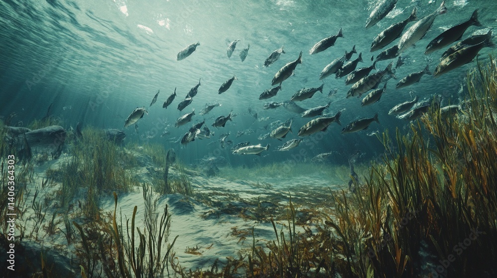 Fototapeta premium Underwater school of fish amongst aquatic vegetation.