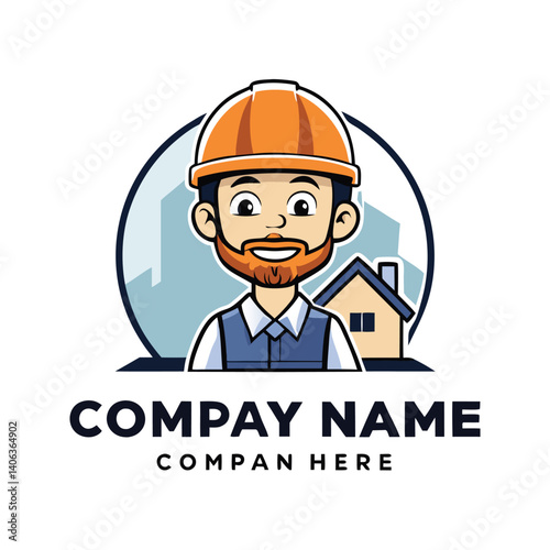 Friendly construction worker logo with house