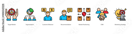 Market Positioning Strategies Icon sheet vector target market, segmentation, customer behavior, recommendation, market positioning, crm, marketing strategy