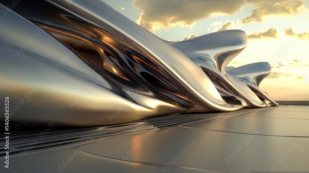 Fototapeta premium Futuristic architectural facade with flowing metallic forms at sunset