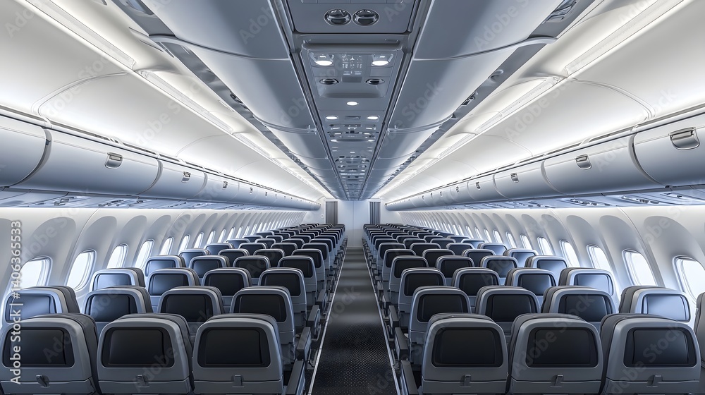 Fototapeta premium A clean and spacious economy class airplane cabin with rows of comfortable seats and soft relaxing lighting creating a welcoming ambiance for passengers