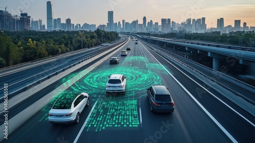 Autonomous vehicles on highway with digital overlay