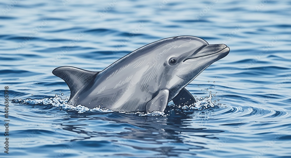 Fototapeta premium Dolphin Swimming in Ocean Waters with Splash Illustration