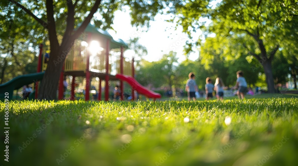 Obraz premium Children play near colorful slides and trees in sun-drenched park scene