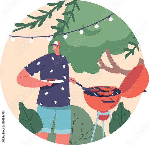 Man cooking bbq outdoors vector illustration