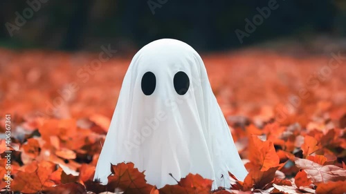 This charming image features a cute ghost costume standing amidst vibrant autumn leaves, perfect for Halloween themes or seasonal festivities.