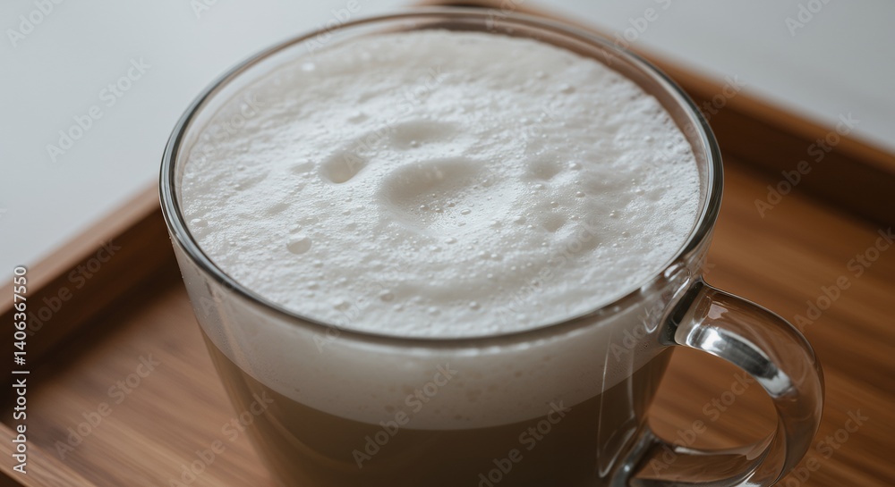 Frothy Coffee Drink in Glass Cup on Wooden Tray Frothy Coffee Drink in Glass Cup on Wooden Tray