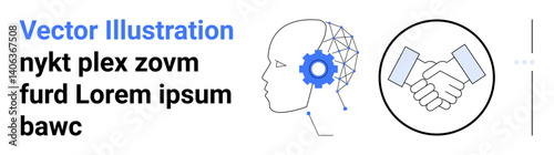 Human head with a gear emphasizing AI and neural connectivity paired with a handshake symbolizing agreement. Ideal for technology, innovation, partnership, business strategy, synergy, AI, simple