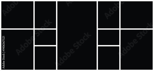 Photo collage grid wall art frame mockup template. Contemporary multi picture album background with mosaic and rectangular shapes. Artistic web layout and versatile portfolio composition.