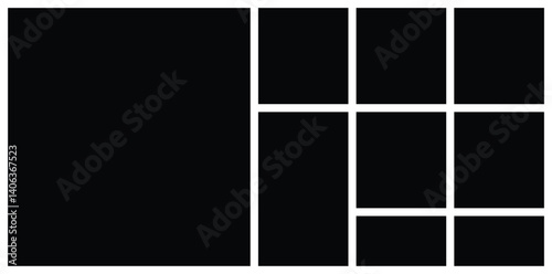 Photo collage grid wall art frame mockup template. Contemporary multi picture album background with mosaic and rectangular shapes. Artistic web layout and versatile portfolio composition.