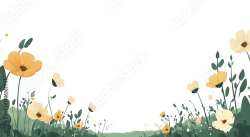 Hand-drawn background featuring yellow flowers and green grass, used for children’s room wallpaper, children’s educational institutions, and social media promotion.