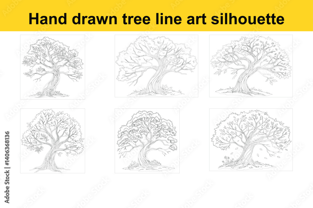 Fototapeta premium Set of hand drawn tree line art silhouette