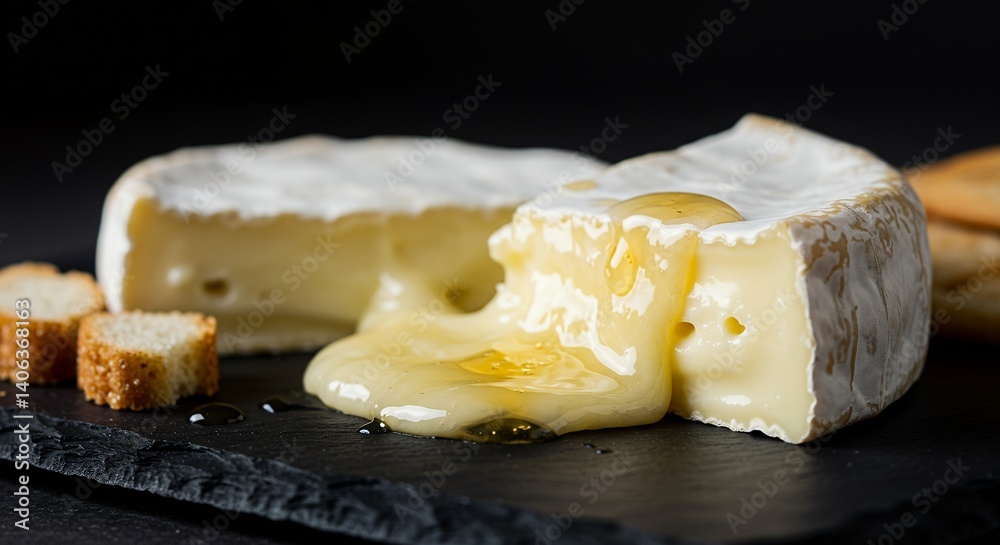 Cheese with Honey Drizzled on Slate Plate Gourmet Food Cheese with Honey Drizzled on Slate Plate Gourmet Food