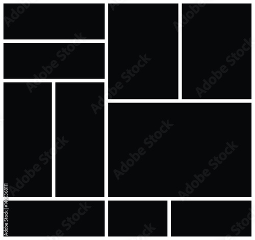 Photo collage grid wall art frame mockup template. Contemporary multi picture album background with mosaic and rectangular shapes. Artistic web layout and versatile portfolio composition.