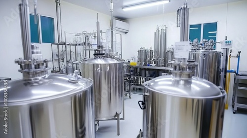 Stainless steel industrial tanks and equipment in a modern laboratory.