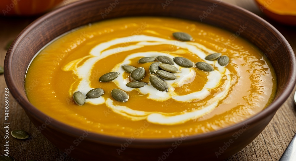 Serving of Creamy Squash Soup with Pumpkin Seeds on Rustic Wood