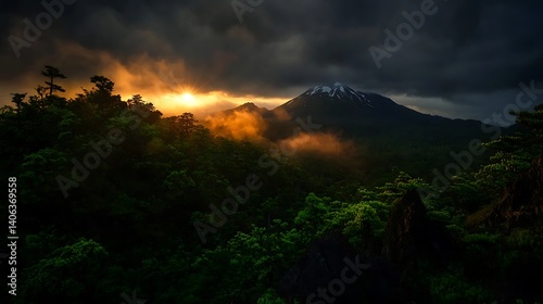 Fototapeta Naklejka Na Ścianę i Meble -  Sunset Volcano Dramatic Volcanic Landscape at Dawn.