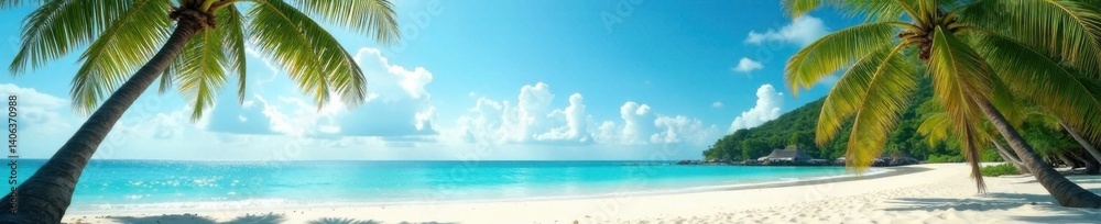Fototapeta premium Palm trees swaying in gentle ocean breeze amidst vast sandy beach, sandy beach, driftwood, film grain