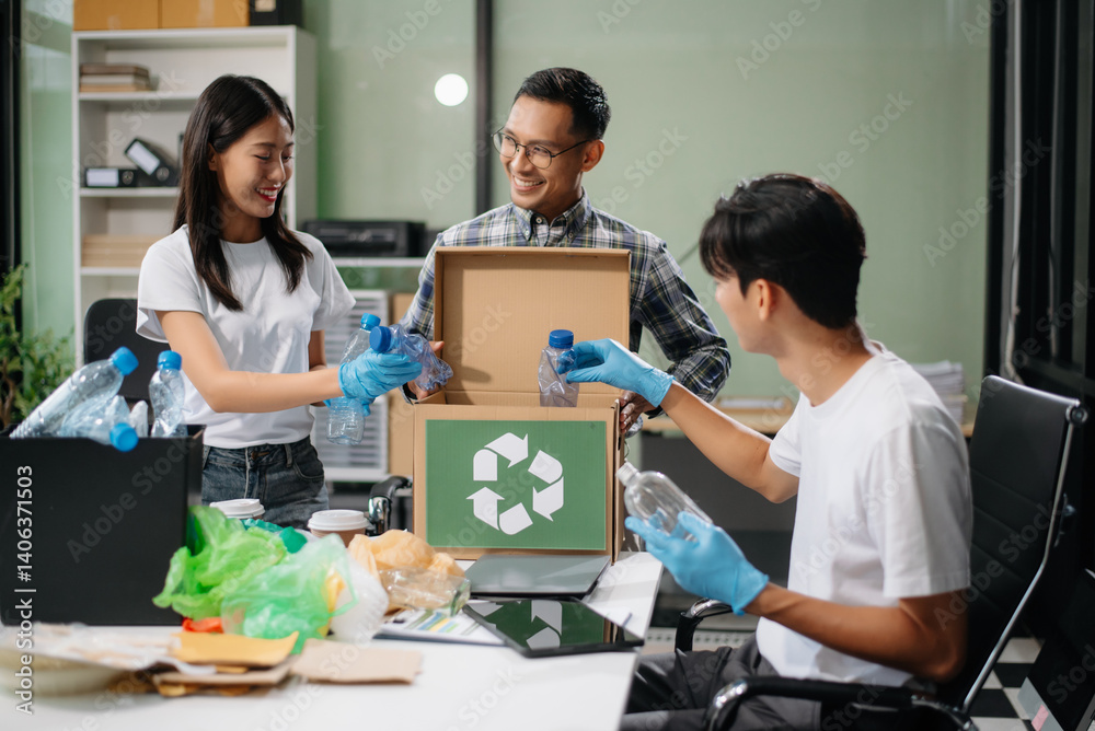 Fototapeta premium Eco-friendly teamwork with this office recycling scene. Perfect for showcasing sustainability, collaboration,