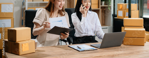 Starting small businesses SME owners, two check online orders Selling products working