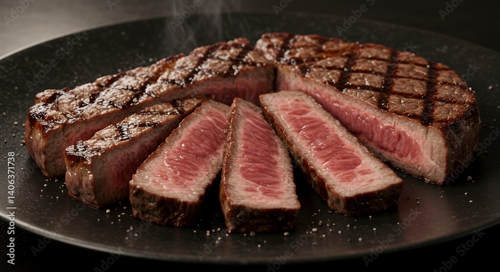 Sliced Grilled Steak on a Plate with Seasoning Ready to Serve Sliced Grilled Steak on a Plate with Seasoning Ready to Serve