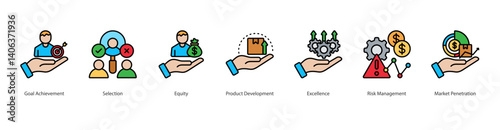 Competitive Advantage Icon Sheet vector goal achievement, selection, equity, product development, excellence, risk management, market penetration