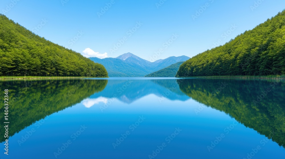 A serene landscape featuring a clear blue lake surrounded by lush green mountains under a bright blue sky.