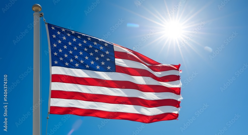 Fototapeta premium 🇺🇸 USA flag waving with blue sky and sun flare in background digital photo