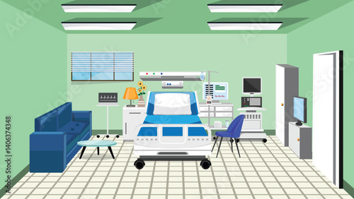 ICU patient room medical healthcare vector interior design illustration