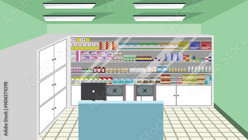 Hospital pharmacy room interior design vector healthcare medical illustration