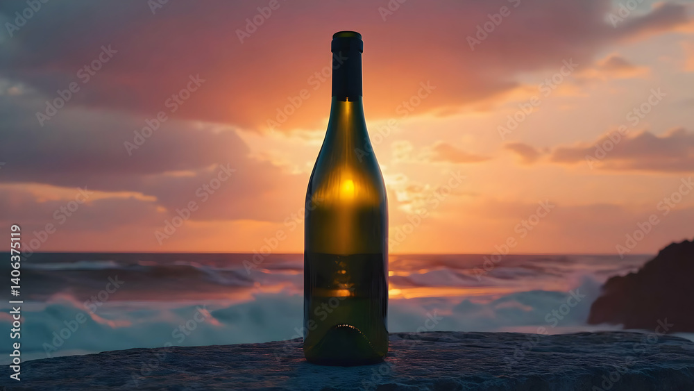 Sunset View with Wine Bottle Against Ocean Waves and Cloudy Sky in Background Sunset View with Wine Bottle Against Ocean Waves and Cloudy Sky in Background