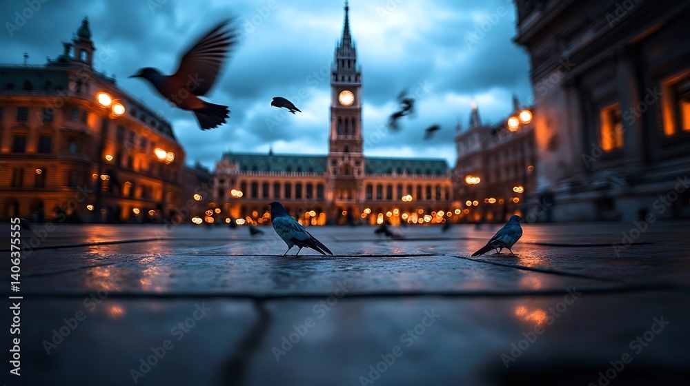 Obraz premium Twilight Pigeons with City Hall Square, and Belgrade.