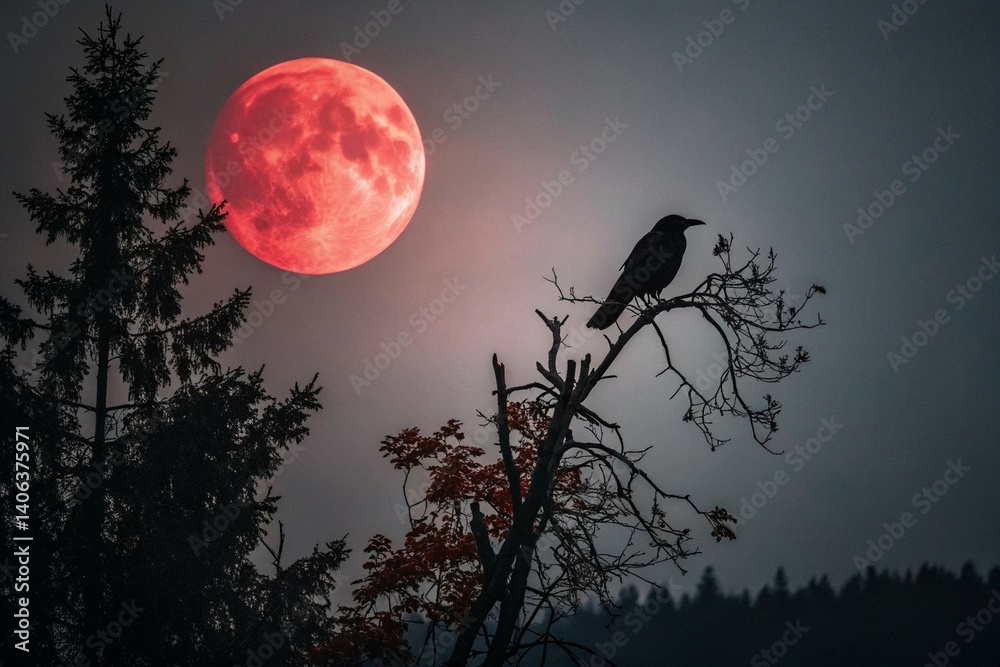 Fototapeta premium A lone crow in sharp 4K detail perches against a vivid red moon, set in a dark, moody night sky